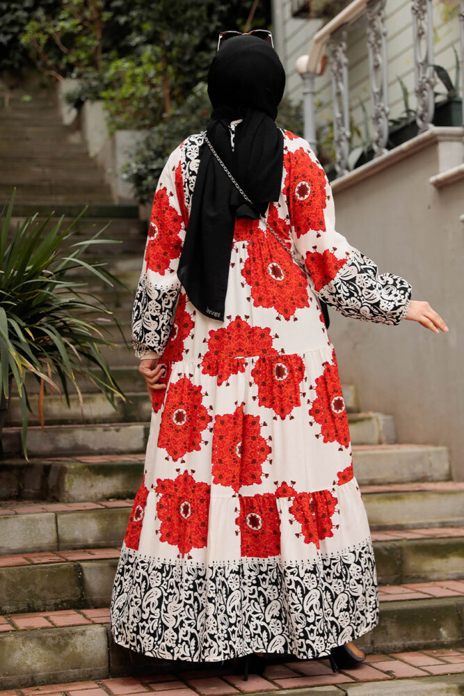 Çiçek Desenli Kiremit Tesettür Elbise 35103KRMT - 3