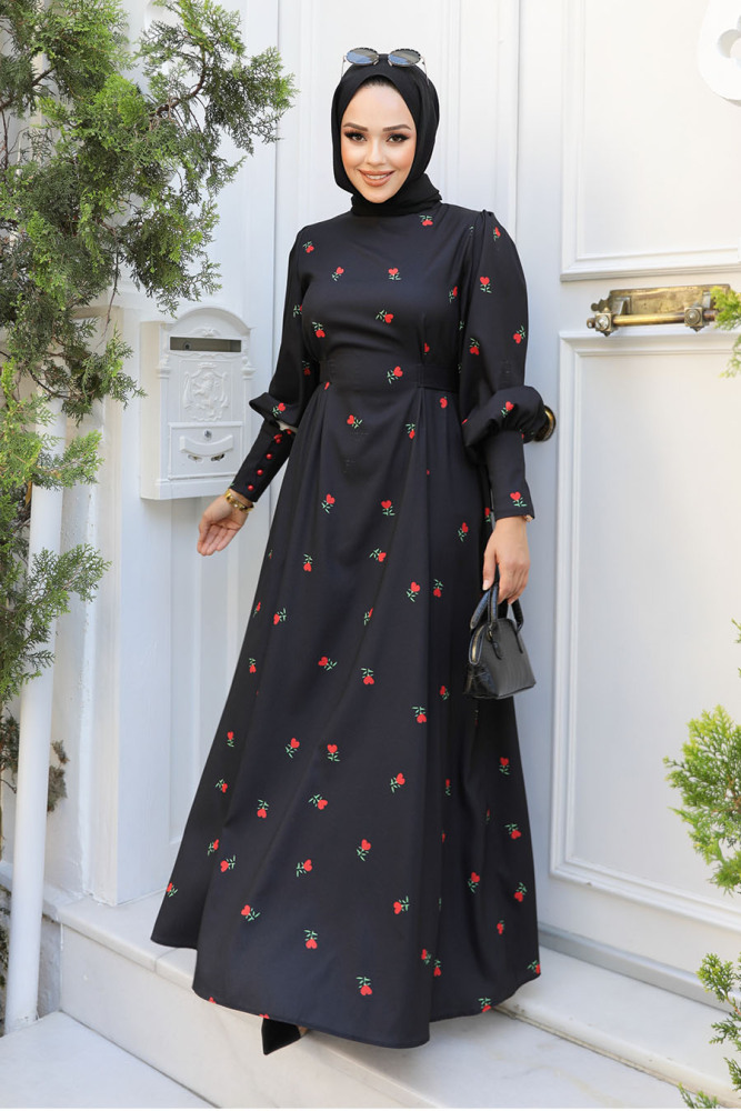 Çiçek Desenli Kırmızı Tesettür Elbise 61093K - 2