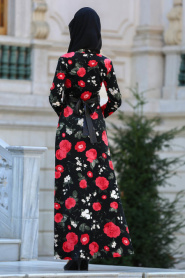 Çiçek Desenli Kırmızı Tesettür Kadife Elbise 7857K - Thumbnail