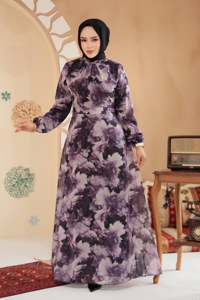 Çiçek Desenli Koyu Lila Tesettür Elbise 279910KLILA - 1