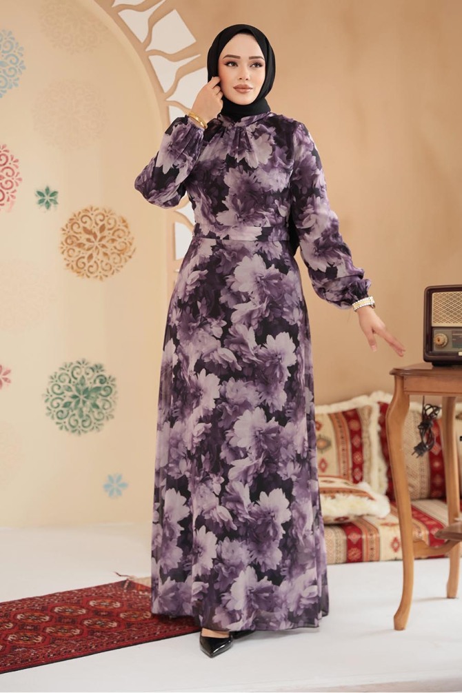Çiçek Desenli Koyu Lila Tesettür Elbise 279910KLILA - 3