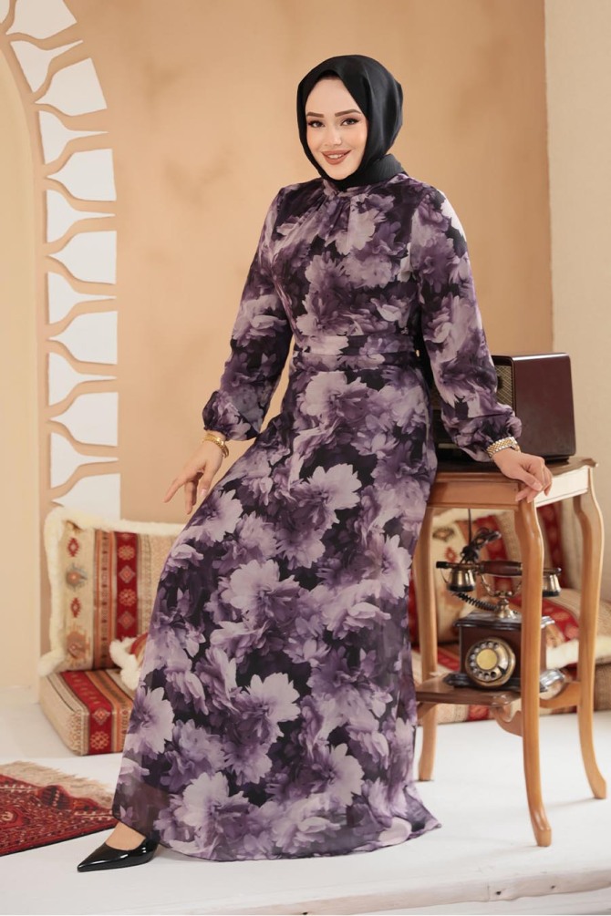 Çiçek Desenli Koyu Lila Tesettür Elbise 279910KLILA - 2