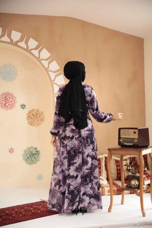 Çiçek Desenli Koyu Lila Tesettür Elbise 279910KLILA - 4
