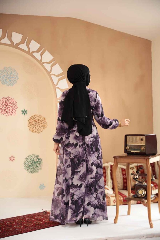 Çiçek Desenli Koyu Lila Tesettür Elbise 279910KLILA - 4
