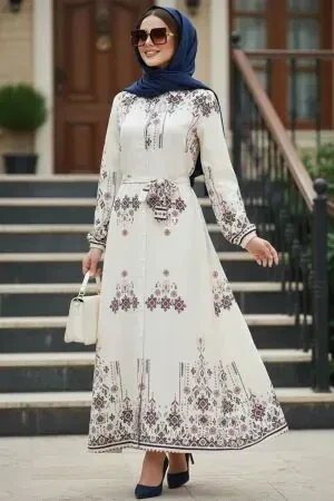 Çiçek Desenli Krem Tesettür Elbise 24084KR 