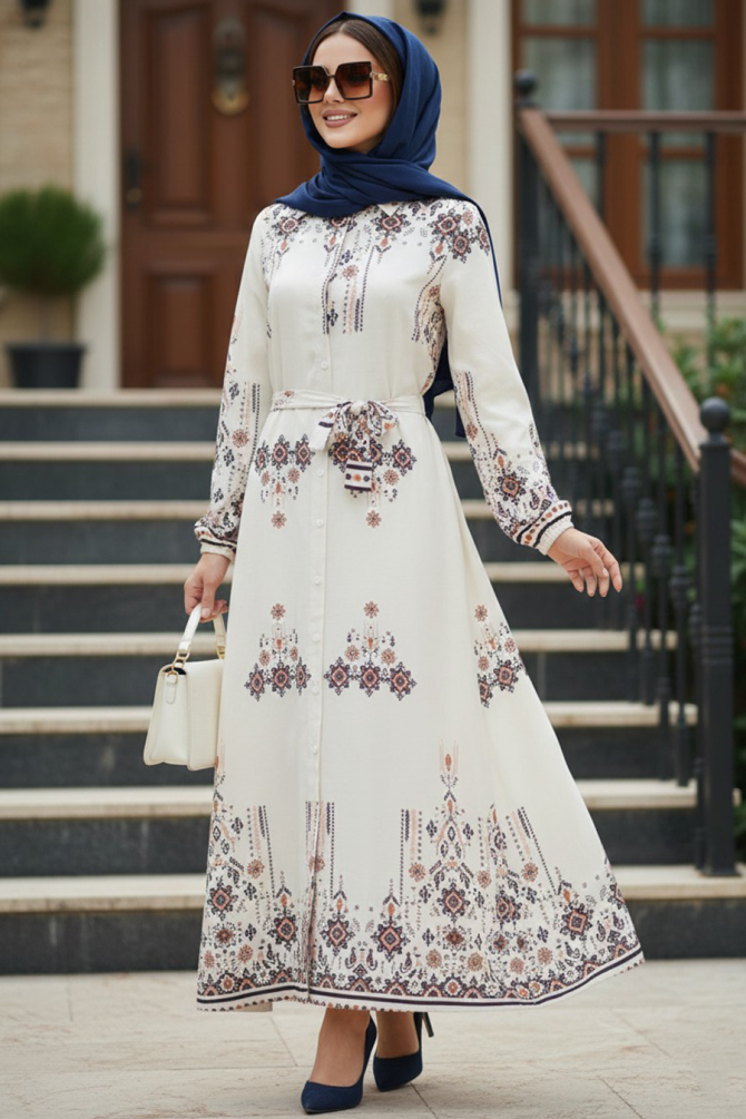 Çiçek Desenli Krem Tesettür Elbise 24084KR - 1