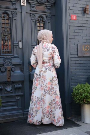 Çiçek Desenli Krem Tesettür Elbise 279902KR - 4