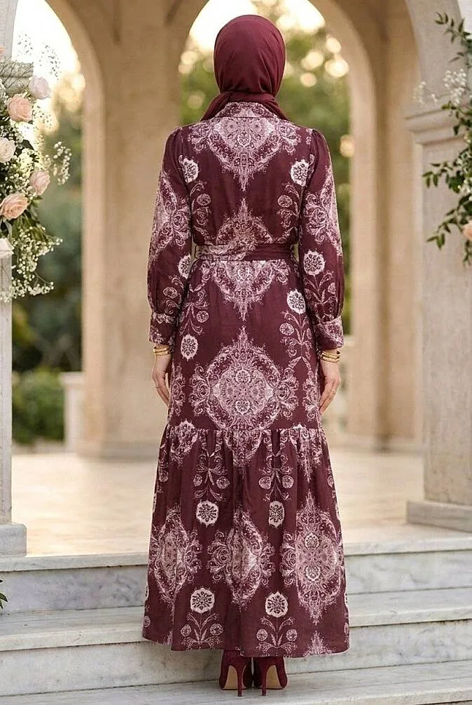 Çiçek Desenli Kuşaklı Jessica Bordo Tesettür Elbise 15063BR - 2