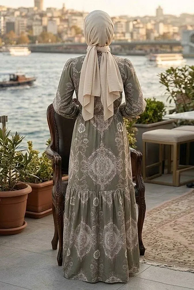 Çiçek Desenli Kuşaklı Jessica Haki Tesettür Elbise 15063HK - 2