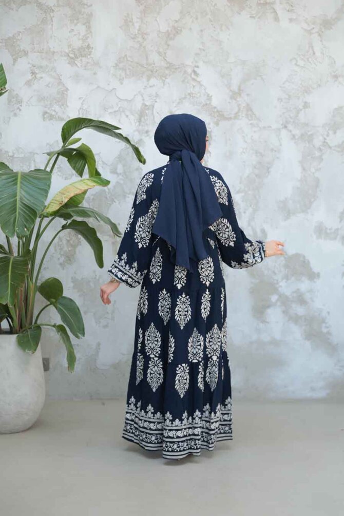 Çiçek Desenli Lacivert Tesettür Elbise 18242L - 4
