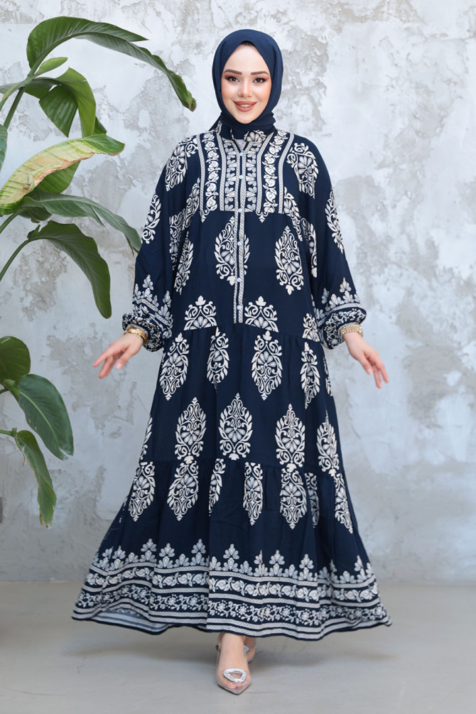 Çiçek Desenli Lacivert Tesettür Elbise 18242L - 1