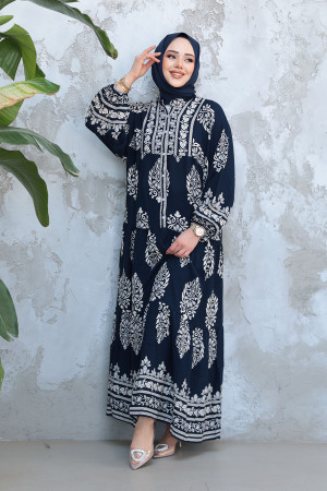 Çiçek Desenli Lacivert Tesettür Elbise 18242L - 2