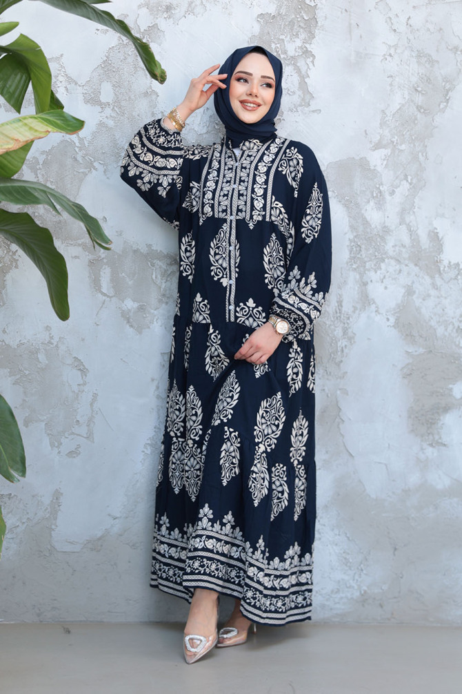 Çiçek Desenli Lacivert Tesettür Elbise 18242L - 2