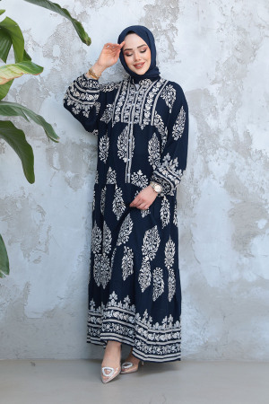 Çiçek Desenli Lacivert Tesettür Elbise 18242L - 3