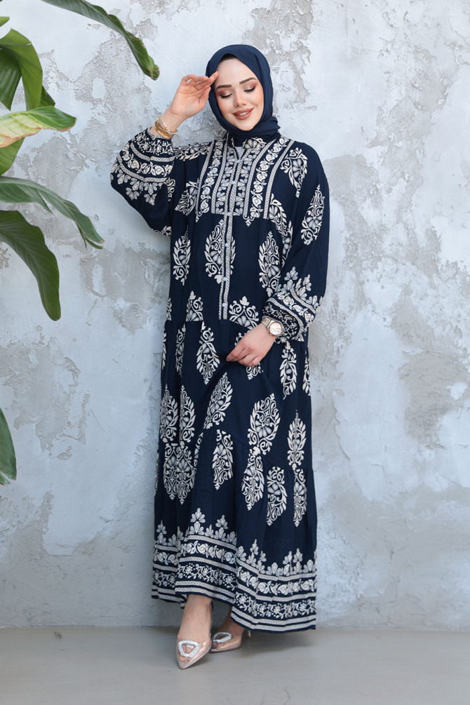 Çiçek Desenli Lacivert Tesettür Elbise 18242L - 3