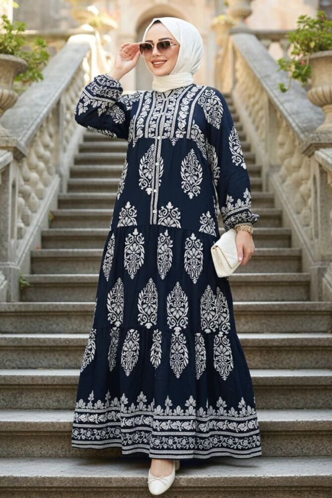 Çiçek Desenli Lacivert Tesettür Elbise 18242L - 1