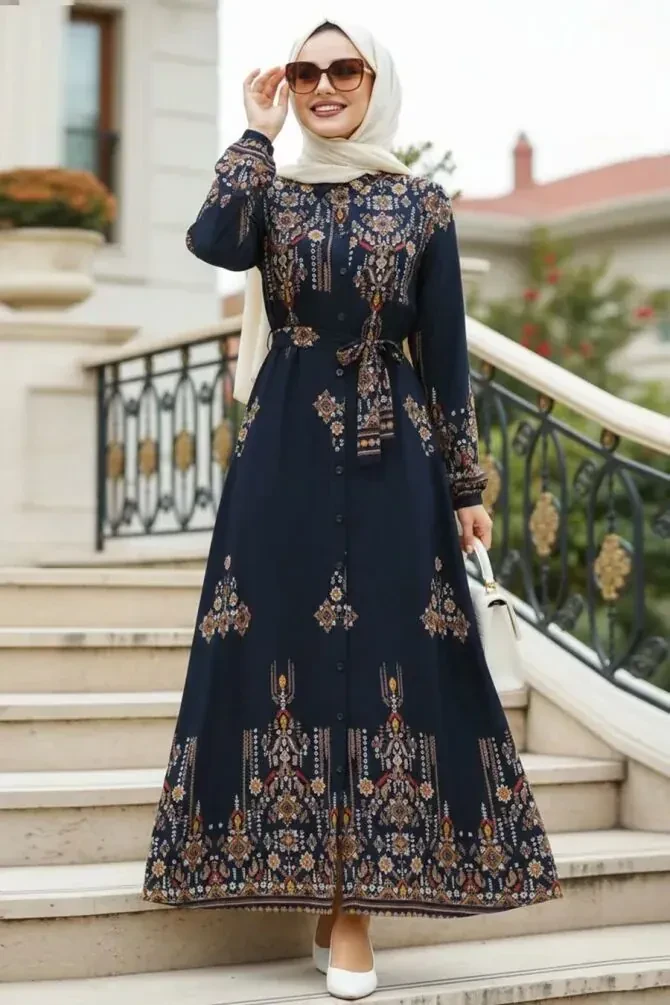 Çiçek Desenli Lacivert Tesettür Elbise 24084L - 1