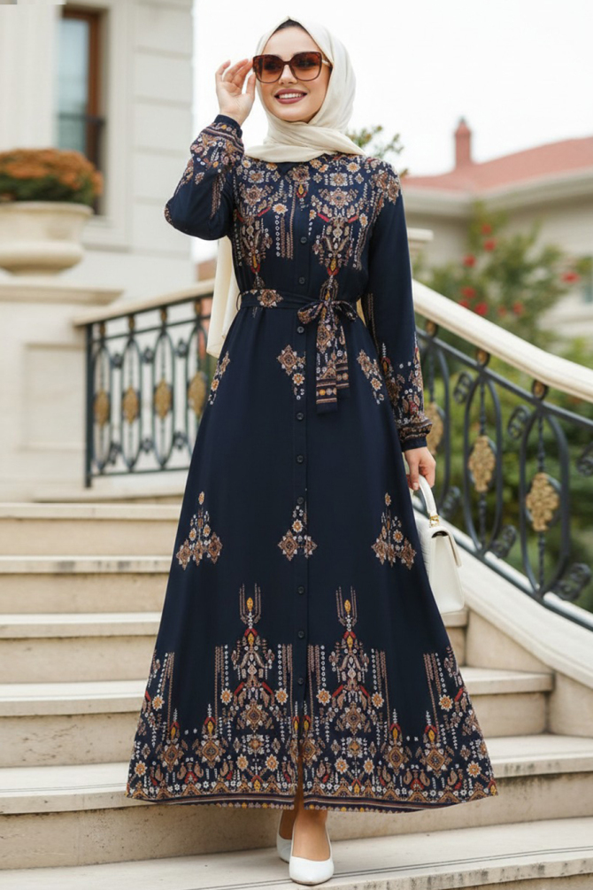 Çiçek Desenli Lacivert Tesettür Elbise 24084L - 1