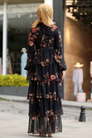 Çiçek Desenli Lacivert Tesettür Elbise 2565L - Thumbnail
