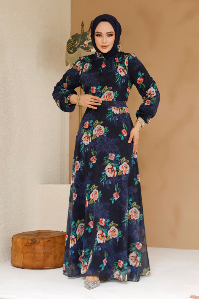 Çiçek Desenli Lacivert Tesettür Elbise 27974L - 2