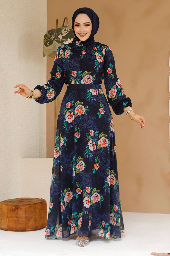 Çiçek Desenli Lacivert Tesettür Elbise 27974L - 1