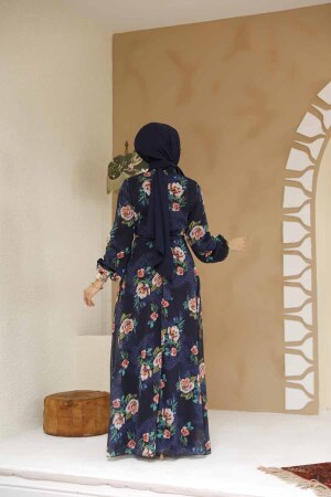 Çiçek Desenli Lacivert Tesettür Elbise 27974L - 3
