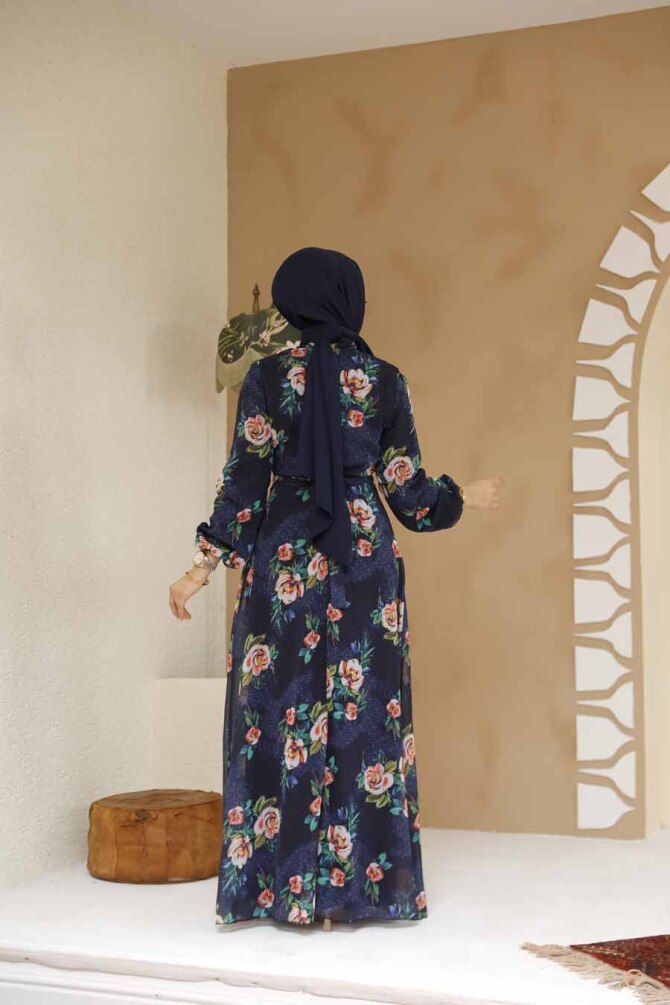 Çiçek Desenli Lacivert Tesettür Elbise 27974L - 3
