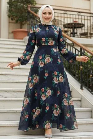 Çiçek Desenli Lacivert Tesettür Elbise 27974L - 1