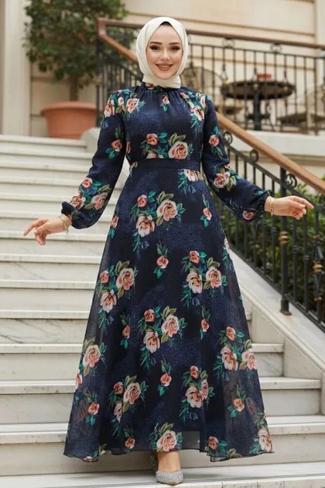Çiçek Desenli Lacivert Tesettür Elbise 27974L - 1