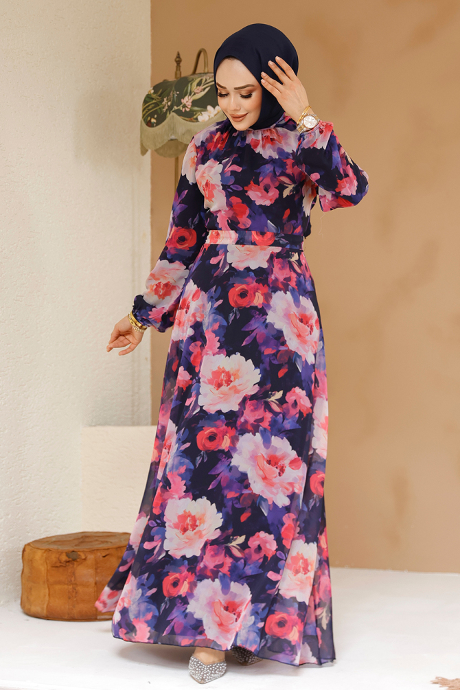 Çiçek Desenli Lacivert Tesettür Elbise 27983L - 1