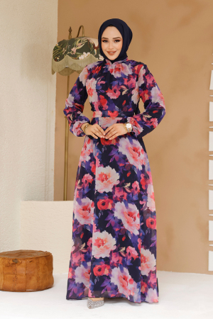 Çiçek Desenli Lacivert Tesettür Elbise 27983L - 3