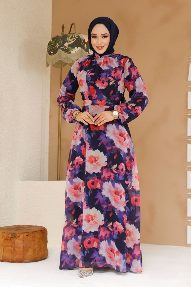 Çiçek Desenli Lacivert Tesettür Elbise 27983L - 3