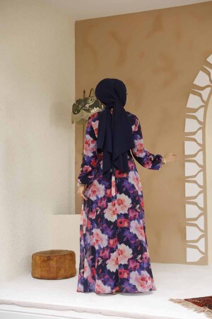Çiçek Desenli Lacivert Tesettür Elbise 27983L - 4