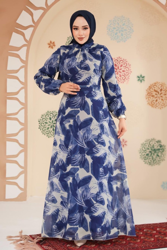 Çiçek Desenli Lacivert Tesettür Elbise 279907L - 2