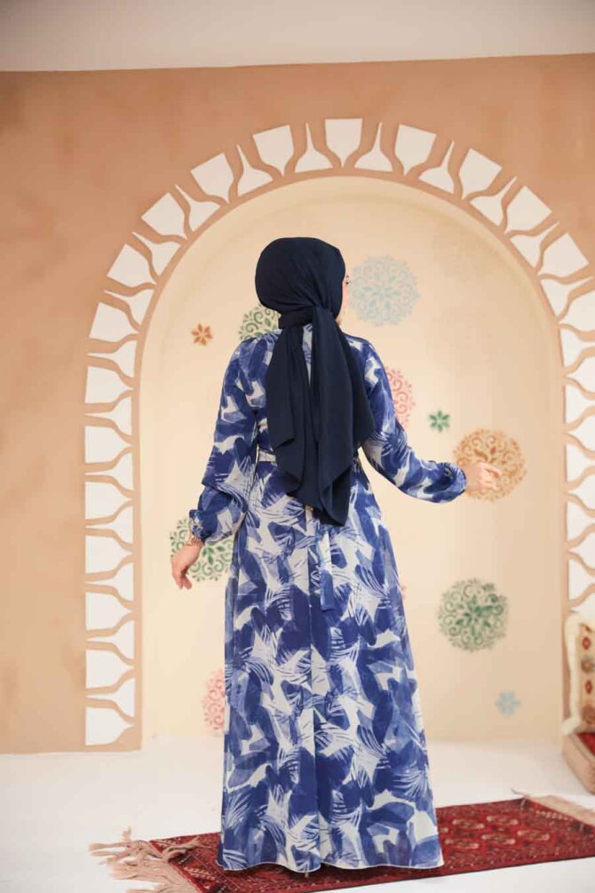 Çiçek Desenli Lacivert Tesettür Elbise 279907L - 3
