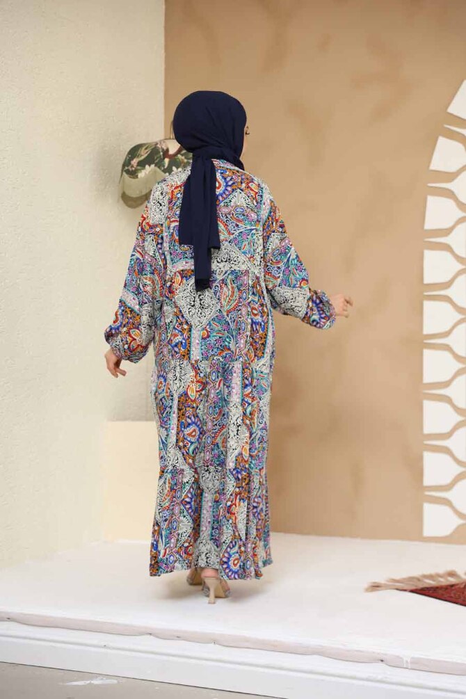 Çiçek Desenli Lila Tesettür Elbise 23454LILA - 3