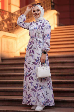Çiçek Desenli Lila Tesettür Elbise 279913LILA - NEVA STYLE