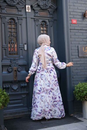Çiçek Desenli Lila Tesettür Elbise 279913LILA - 2
