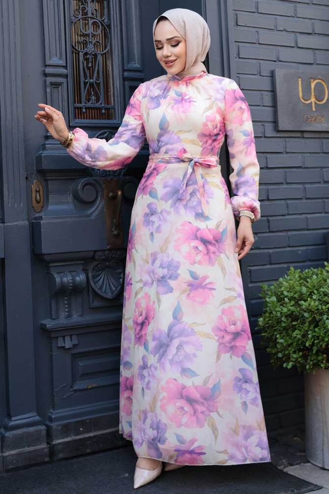 Çiçek Desenli Lila Tesettür Elbise 279918LILA - 1