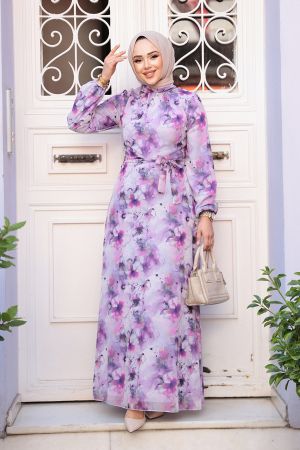Çiçek Desenli Mor Tesettür Elbise 27991MOR - 1