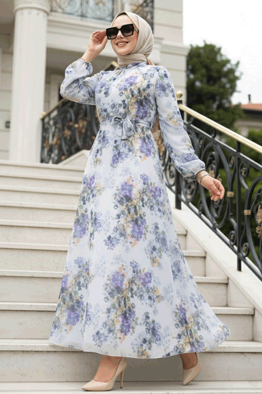 Çiçek Desenli Mor Tesettür Elbise 279920MOR