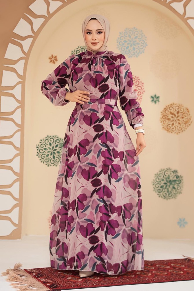 Çiçek Desenli Mürdüm Tesettür Elbise 279901MU - 1