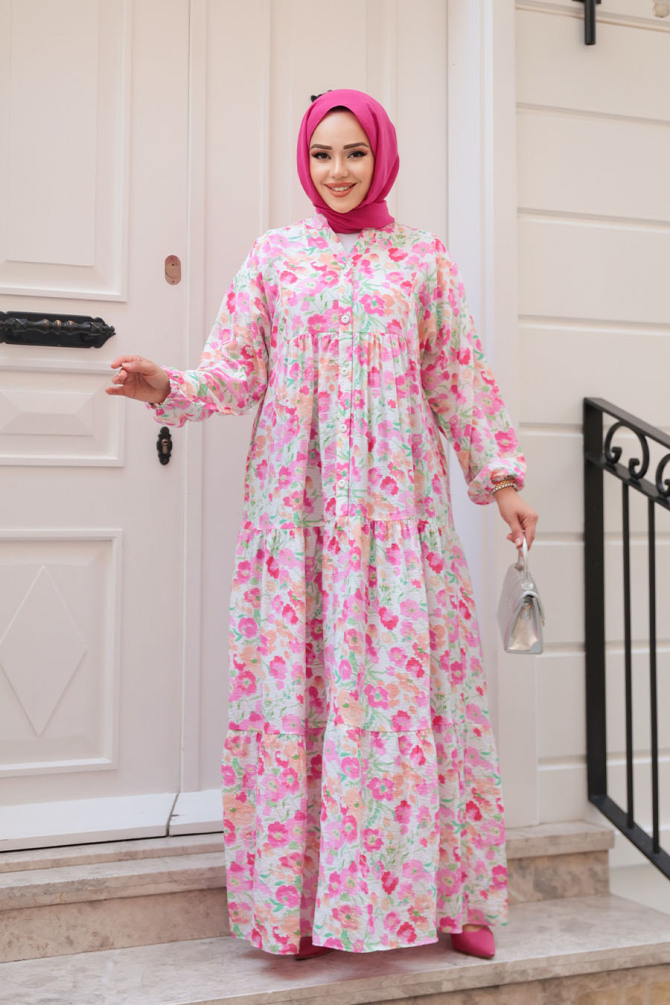 Çiçek Desenli Pembe Tesettür Elbise 19034P - 1