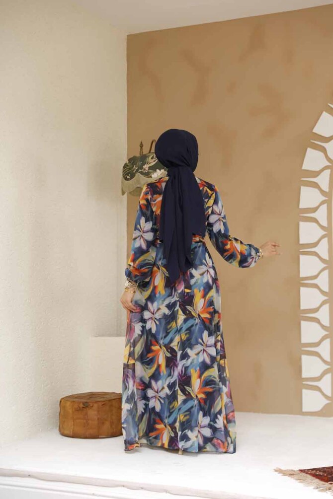 Çiçek Desenli Lacivert Tesettür Elbise 27977L - 4