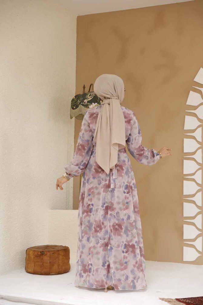 Çiçek Desenli Pudra Tesettür Elbise 27978PD - 4