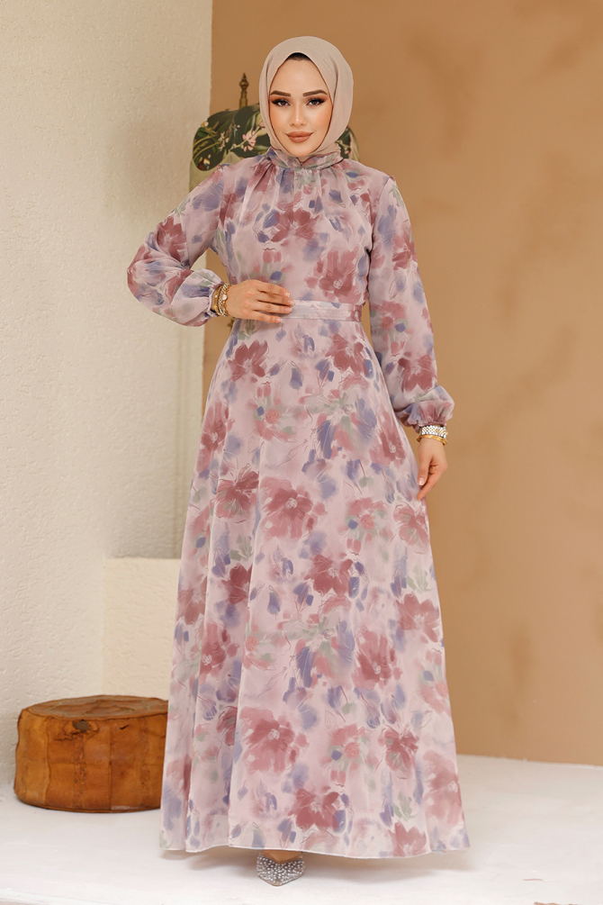 Çiçek Desenli Pudra Tesettür Elbise 27978PD - 3