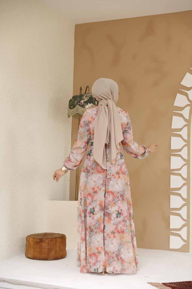 Çiçek Desenli Pudra Tesettür Elbise 27985PD - 4