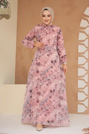 Çiçek Desenli Pudra Tesettür Elbise 279903PD - 1