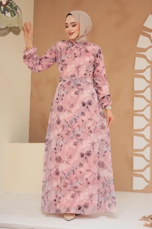 Çiçek Desenli Pudra Tesettür Elbise 279903PD - 2