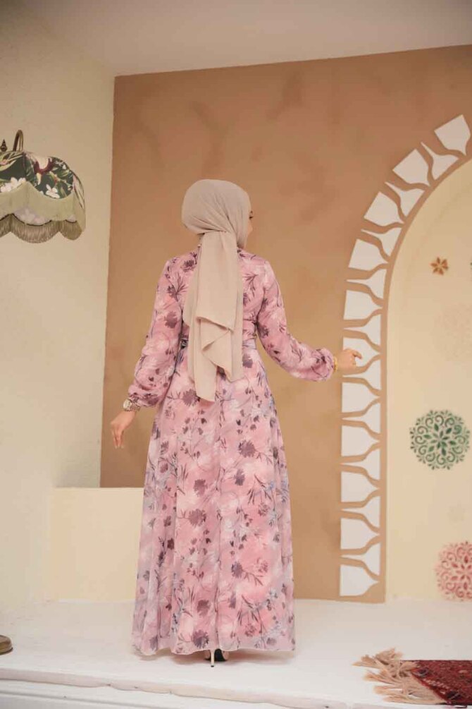 Çiçek Desenli Pudra Tesettür Elbise 279903PD - 3